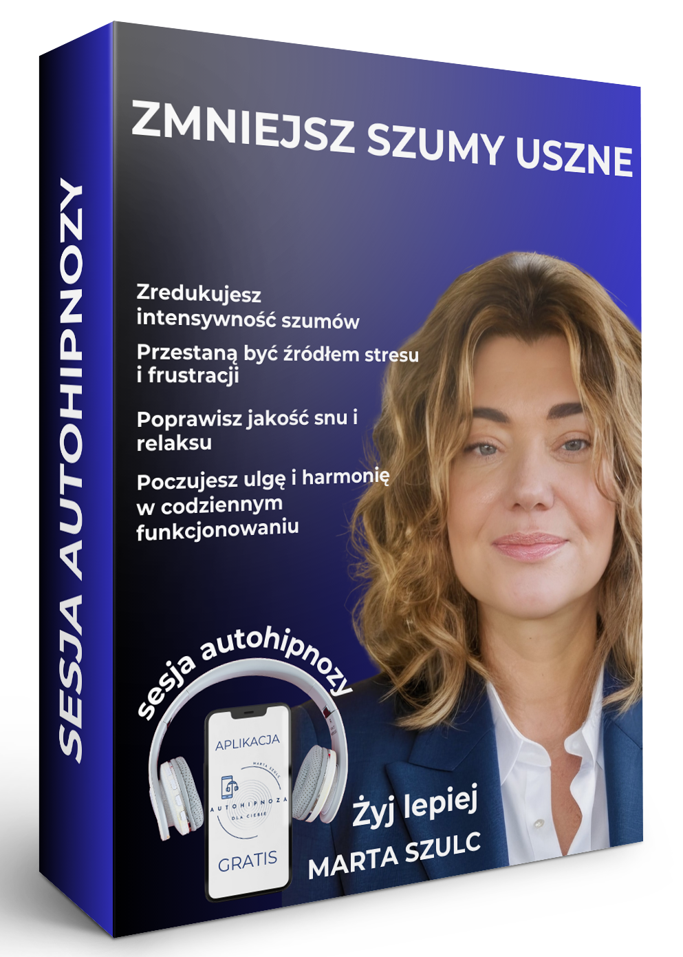 Kobieta z zamkniętymi oczami, spokojna, trzymająca dłonie przy uszach – symbol ukojenia i wyciszenia. Grafika sesji autohipnozy „Zmniejsz szumy uszne”.