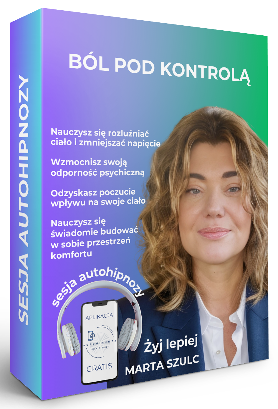 Kobieta z zamkniętymi oczami, trzymająca dłoń na brzuchu, otoczona spokojnym światłem – symbol wewnętrznego ukojenia. Grafika sesji autohipnozy „Ból pod kontrolą”.