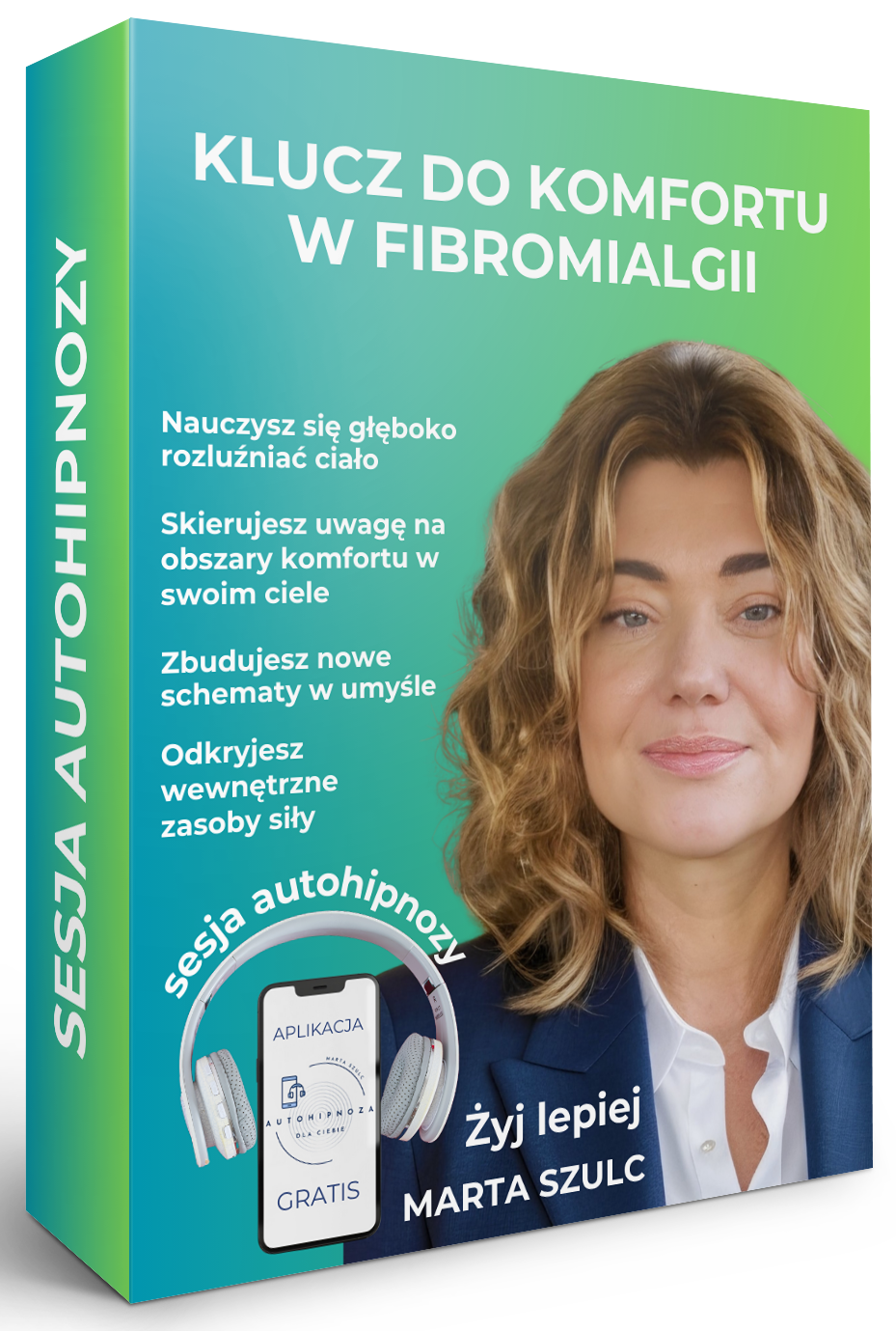 Kobieta siedząca w ciszy z zamkniętymi oczami, otulona kocem, symbolizująca ukojenie i regenerację w fibromialgii. Grafika sesji autohipnozy „Klucz do komfortu w fibromialgii”.