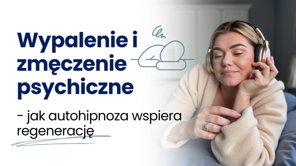 Kobieta w słuchawkach relaksuje się, leżąc w łóżku regeneracja psychiczna poprzez autohipnozę.